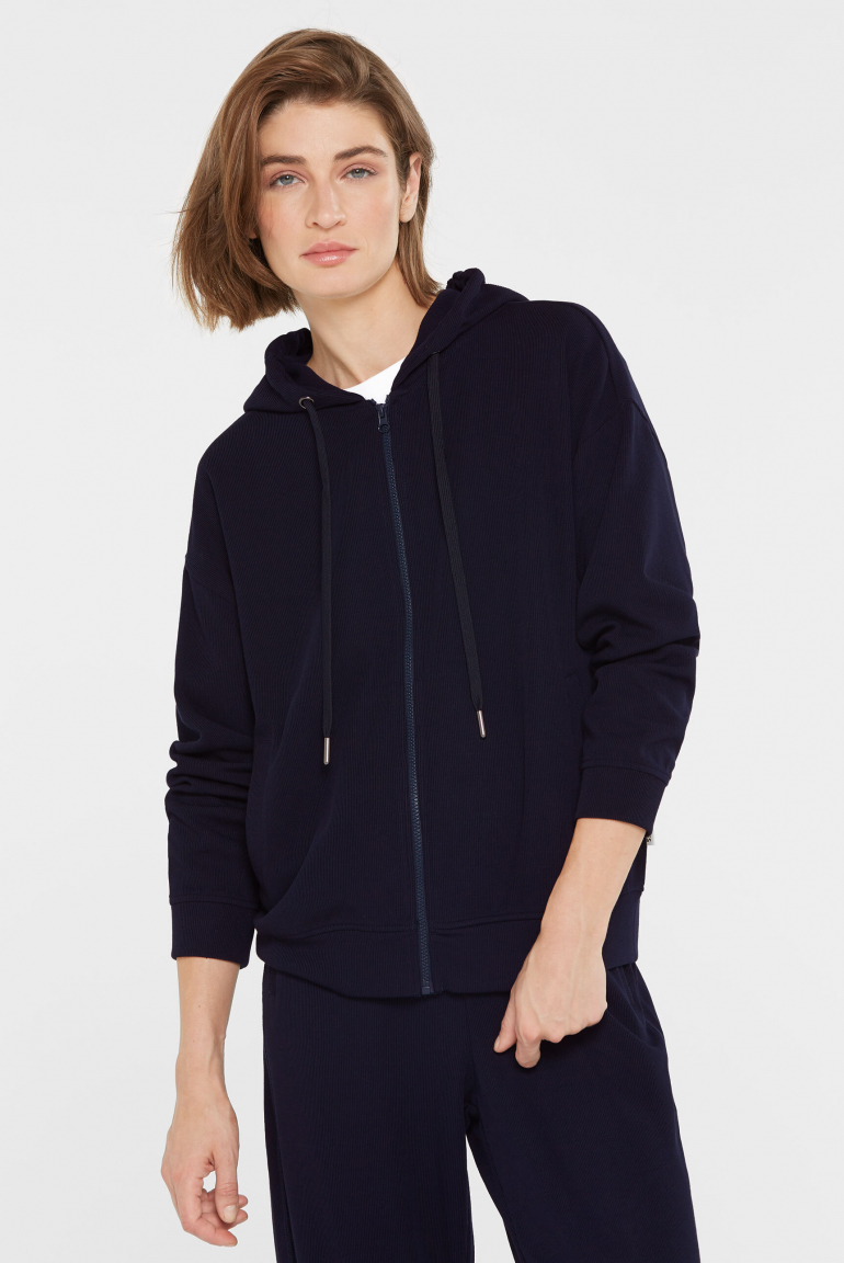 Zoom: Kapuzensweatjacke aus Interlock mit Rippstruktur